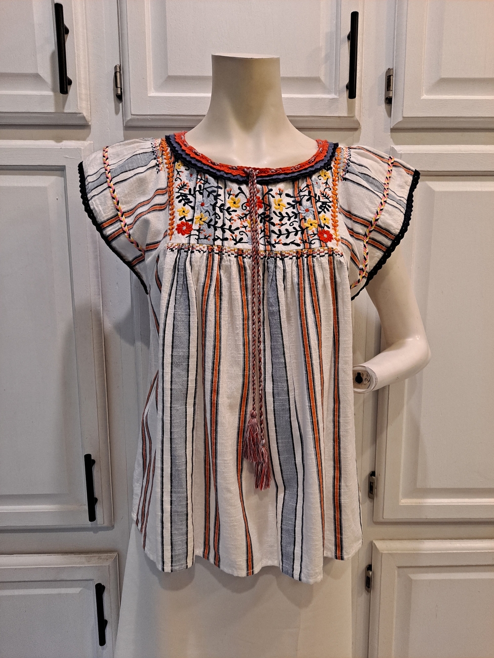 Rocks + Indigo Floral Embroidered Striped Peasant Blouse White w/Navy Stripes
